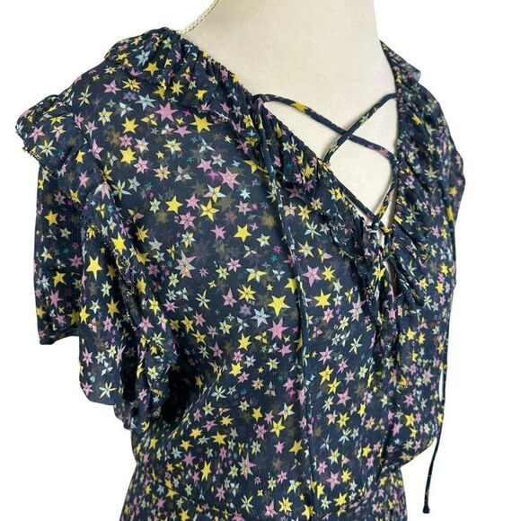 Zadig & Voltaire Blue Star Print Dress Chiffon Short Slvs Maxi Boho Size M - Picture 4 of 14